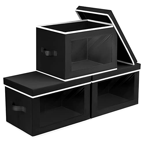 Image of Homsorout Storage Boxes with Lids, Collapsible Storage Bins with Handles, Closet Storage Baskets with Window, Fabric Storage Containers for Organizing Clothes, Towels, Books, 3 Packs, Black