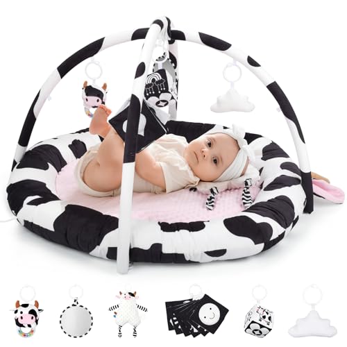 Gimansio Bebés,Vaca Tapete Actividades Bebe,3 en 1 Plegable Acolchada Alfombra para Niños,6 Juguetes Extraíbles,Arco De Juego,para el Desarrollo Sensorial,Regalo Bebe,0-3-6-12 Meses