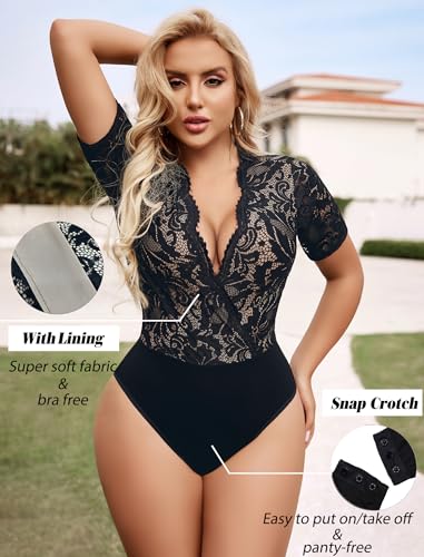 Avidlove Women Lace Bodysuit Lingerie Tops Sexy Deep V Bodysuit Tops One Piece Body Suit Short Sleeve S-XXXL2