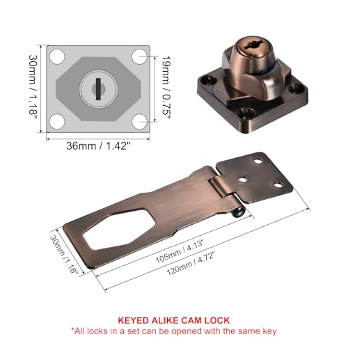 Image of PATIKIL Keyed Hasp Locks, 2 Pack 4 Inch Twist Knob Locking Hasp Zinc Alloy Safety Hasp Latches with Keys Keyed Alike for Cabinet Small Door, Copper