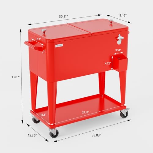 Image of VINGLI Rolling Ice Chest, Portable Patio Party Bar Drink Cooler Cart, with Shelf, Beverage Pool with Bottle Opener