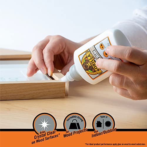 gorilla dries clear wood glue 4 ounce bottle pack of 2 - water resistant for indoor or outdoor projects and repairs