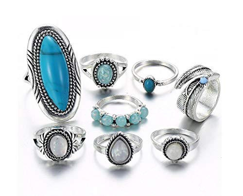 Cathercing 8 Pcs Women Turquoise Rings Set Knuckle Rings Bohemian Rings for Girls Vintage Gem Crystal Rings Joint Knot Ring Sets for Teens Party Daily Fesvital Jewelry Gift