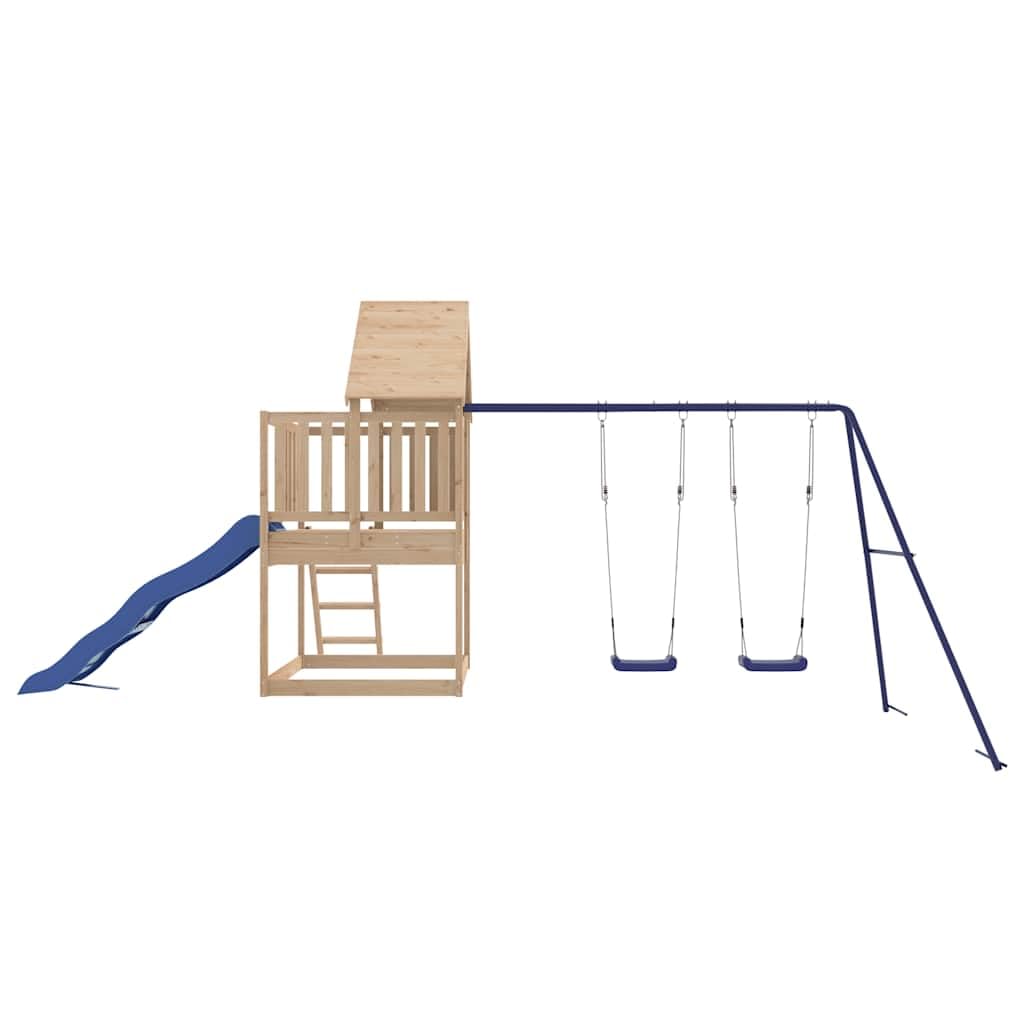 Spielturm Massivholz Kiefer mit Wellenrutsche und Doppelschaukel Set, Gartenspielzeug für Kinder 3-8 Jahre, Outdoor Spielhaus mit Klettergerüst, Sandkasten, Leiter und Sicherheitsgeländer