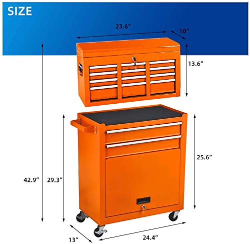 8-Drawer Rolling Tool Chest,Big Tool Chest and Tool Storage Cabinet,Tool Chest with 4 Wheels,Removable Portable Top Box with Lock Tool Chest for Garage and Warehouse (Orange)