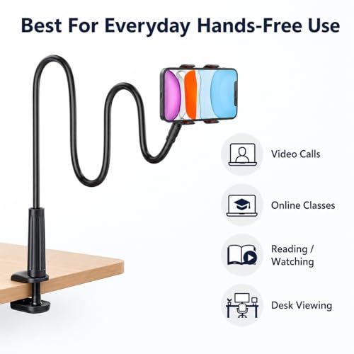 Image of Gooseneck Mobile Phone Holder with Table Clamp Mount Setup, Flexible Adjustable Phone Stand for Desk & Bedside Use, Hands-Free Viewing for Video Calls, Online Classes & Reading