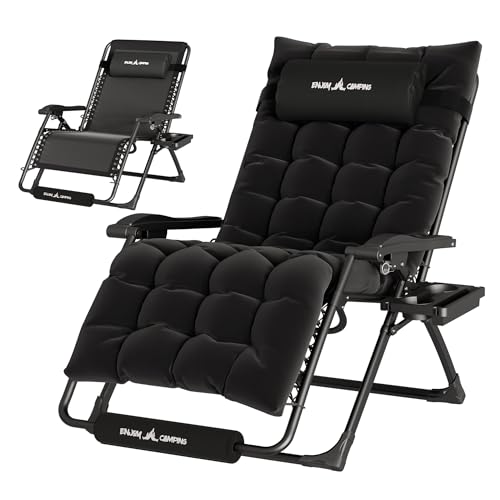 UDPATIO Oversized Zero Gravity Chair 29In XL Patio Reclining Chair with Cushion, Outdoor Folding Recliner with Pillows|Cup Holder|Foot Rest|Padded Headrest, Black, Support 500LB