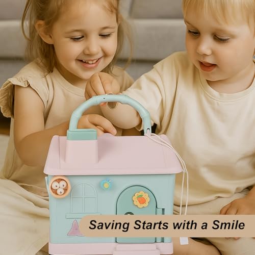 Image of Cute Toy House Money Coin Box with 3D Sticker Metal Piggy Bank with Secure Lock & Keys for Kids, House Shaped Money Saving Coin Collection Box for Girls (Pack of 1, Multicolour) (Design-2)