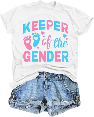 Gender Reveal Shirts Keeper of The Gender Tshirt for Women Funny Pregnancy Announcement Tee for Maternity Mom Tops White