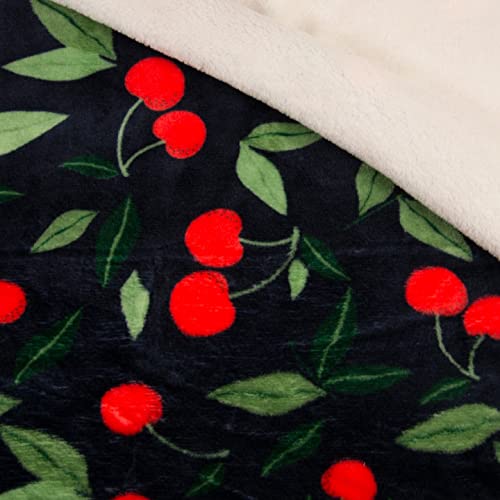 Tissu polaire réversible haut de gamme bleu marine aux motifs cerises