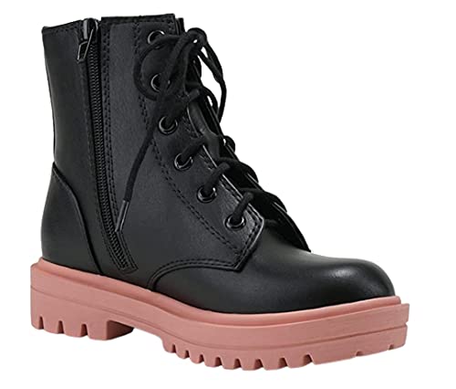 Soda Firm-IIS Girls Lace Up Side Zipper Vegan Leather Combat Boots Black/D-Mauve 14