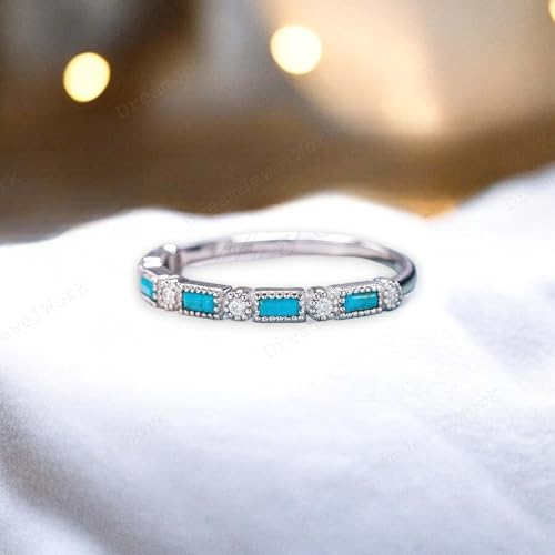 Turquoise Wedding Band 925 Sterling Silver Half Eternity Turquoise Ring Baguette Cut Turquoise Diamond Band Stacking Match Ring Valentine Day Gift For Her4