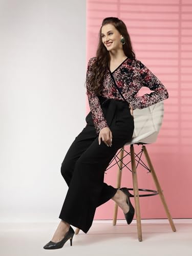 Image of LONDON BELLY Women's Polyester Semi-Formal Jumpsuit with Round Neck Half Sleeves Adjustable Waist Tie Abstract Pattern and Regular Fit | Women Stylish One Piece Outfit | Women Regular Fit Jumpsuit
