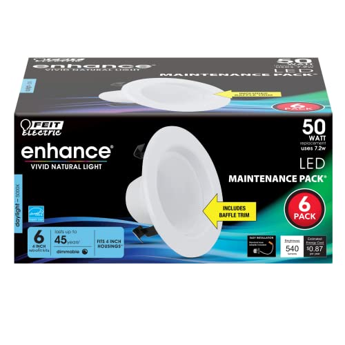 Feit Electric 4 Inch Led Recessed Downlight - Baffle Trim - Standard E26 Adapter - 5000K Daylight - Dimmable- 50W Equivalent - 45 Year Life - 540 Lumen| 6-Pack #TOP3