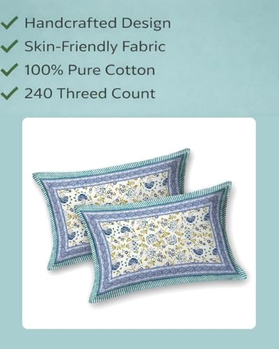 Image of ElanorHomes 180 TC Pure Cotton Pillow Covers Set of 2, Bedroom Pillows with Zip Closure, Soft Smooth Cool Breathable Pillowcases for Home (Blue Shalimar Glow)