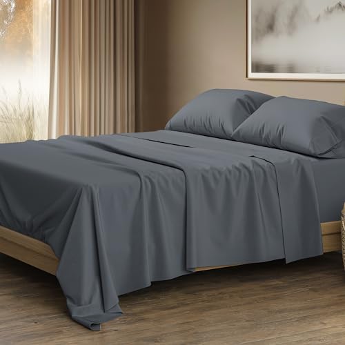 Image of THREAD SPREAD 100% Egyptian Cotton King Size Sheets Set - Luxury 1500 Series Egyptian Cotton Sheets King Size (4 PC, Dark Grey), Silky Soft, Sateen Weave, Cooling & Breathable, 17 inch Deep Pocket Bed Set