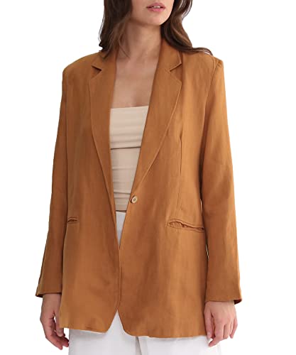 Amazhiyu Womens Linen Blend Notched Buttoned Blazer Jackets Long Sleeve Casual Office Coat