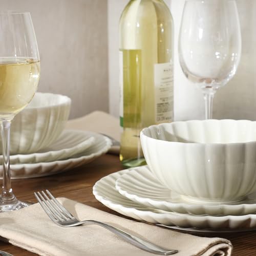 Image of Gibson Elite Peach Orchard 12-Piece New Bone China Dinnerware Set Service for 4, Embossed Fluted Plates and Bowls, Dishwasher and Microwave Safe, Cream White