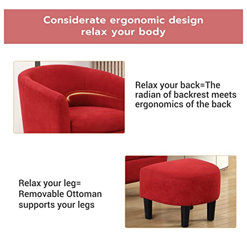 Inzoy Modern Accent Chair With Ottoman, Upholstered Barrel Reading Chair With Foot Rest, Comfy Fabric Armchairs For Living Room Bedroom Small Spaces, Easy To Assemble (Red) #TOP4