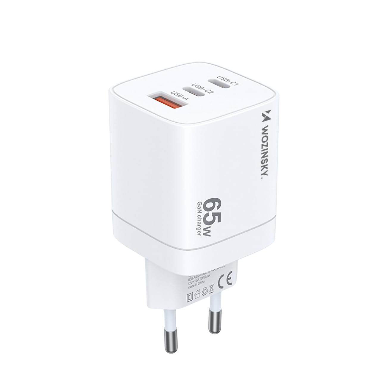 Wozinsky GaN szybka ładowarka 65 W – 1 x USB-A i 2X USB-C – kompaktowy adapter sieciowy – biała