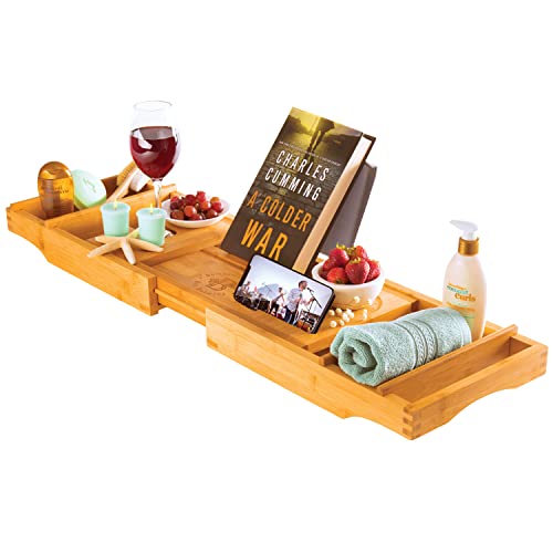 Bamboo Bathtub Tray Caddy - Expandable and Nonslip Bath Caddy with Book/Tablet and Wine Glass Holder Idea