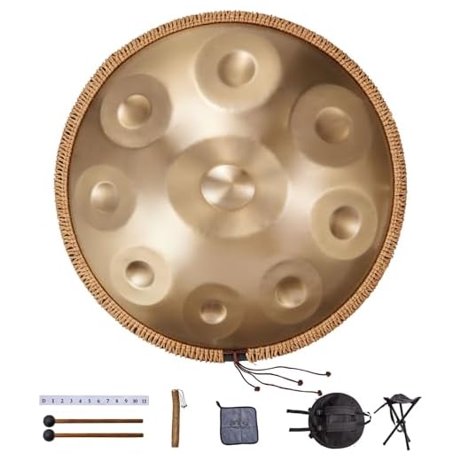 VEVOR Tambor de Mano 55 cm 9 Notas 432 Hz, Tambor Handpan en D Menor con Mazos, Instrumento de Percusión con Bolsa de Transporte para Yoga, Meditación, Educación Musical de Principiantes, Dorado