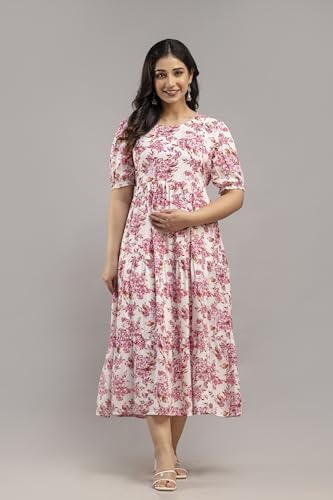 Image of Women's Rayon Anarkali Maternity Ankle Length Dress, Pregnancy Dress,Feeding Kurti,Easy Brest Feeding Dress, with Both Side 9 inch Zipper and Belt