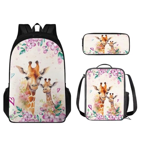 Set zaino per bambini con portapranzo e portapenne borsa per studenti per scuola elementare o asilo Giraffa Fiore - Arancione e Rosa Taglia unica Zaino per
