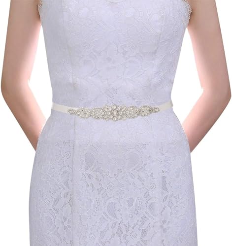 Urieo Rhinestone Wedding Belt Crystal Bridal Belts with Beige Ribbon Pearl Bride Bridesmaid Dress Sash Belts for Women3