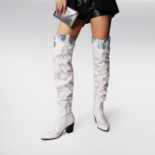 DREAM PAIRS DREAM PAIRS Western Cowboy Boots Over The Knee Western Cowgirl Boots Women Thigh High Boots,Size 8.5,White,SDOB2401W