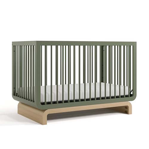 Image of Storkcraft Santorini Convertible Crib with Toddler Guardrail (Olive & Driftwood) – GREENGUARD Gold Certified, Toddler Bed Conversion Kit Included, 100% Solid Wood, Fits Standard Crib Mattress
