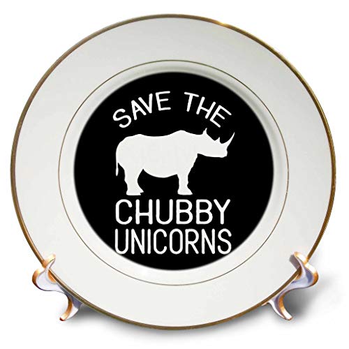 3dRose Save the chubby unicorns with rhino. White on black background., 8-Inch