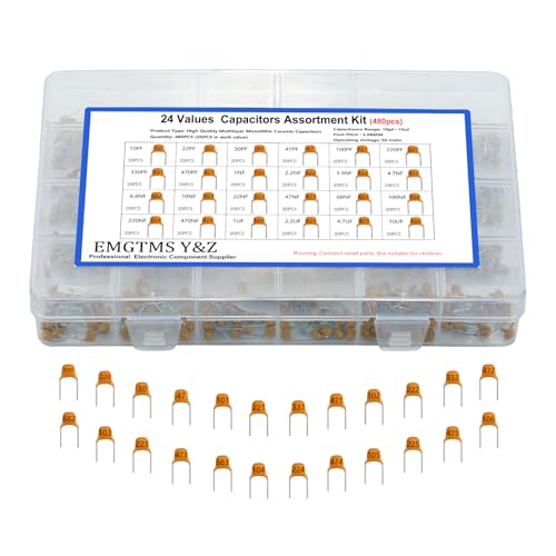 24 Values 480pcs Multilayer Monolithic Ceramic Capacitor Assortment Kit, 10pF-10uF Capacitor Set with Storage Box for Electronics Projects