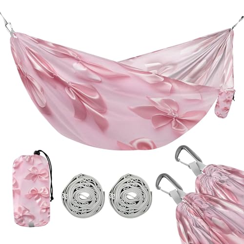 ATTX Pink Bows Camping Hammock - Lightweight & Portable Hammocks, Heavy Duty 330lbs Capacity for Indoor, Hiking, Backpacking, Travel, Backyard, Beach#534