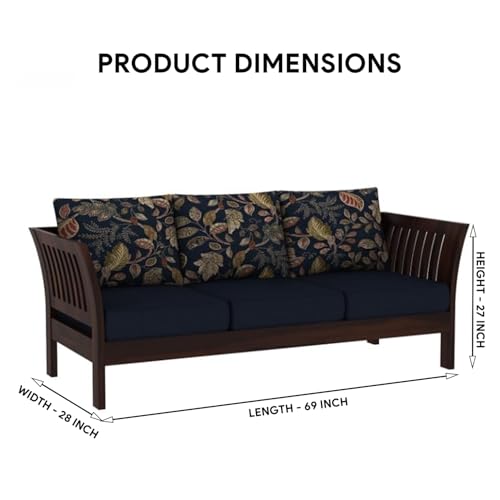 Image of Solid Sheesham Wood 3 Seater Sofa Set with Cushion | Wooden Three Seater Sofa for Home Bedroom Living Room Hall and Office (Walnut Finish)