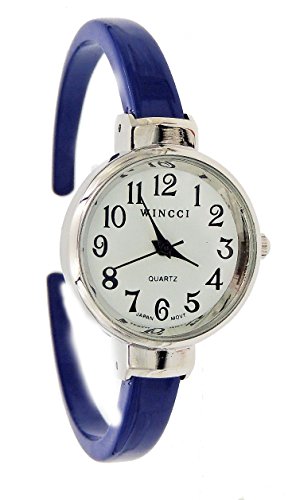 Women's Classic Dainty Easy Read Navy Blue Enamel Bangle Cuff Watch