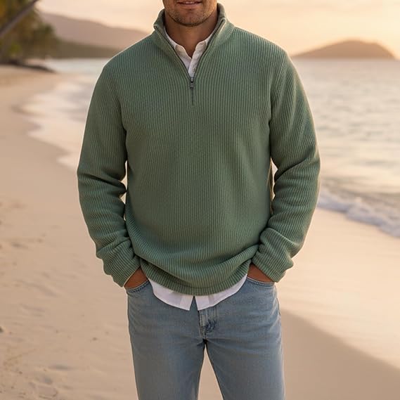 Mokaloha Men's Stylish Quarter-Zip Corduroy Ribbed Polo Sweatshirt, Pacificozy Waffle Stand Long Sleeved Sweat Shirt4