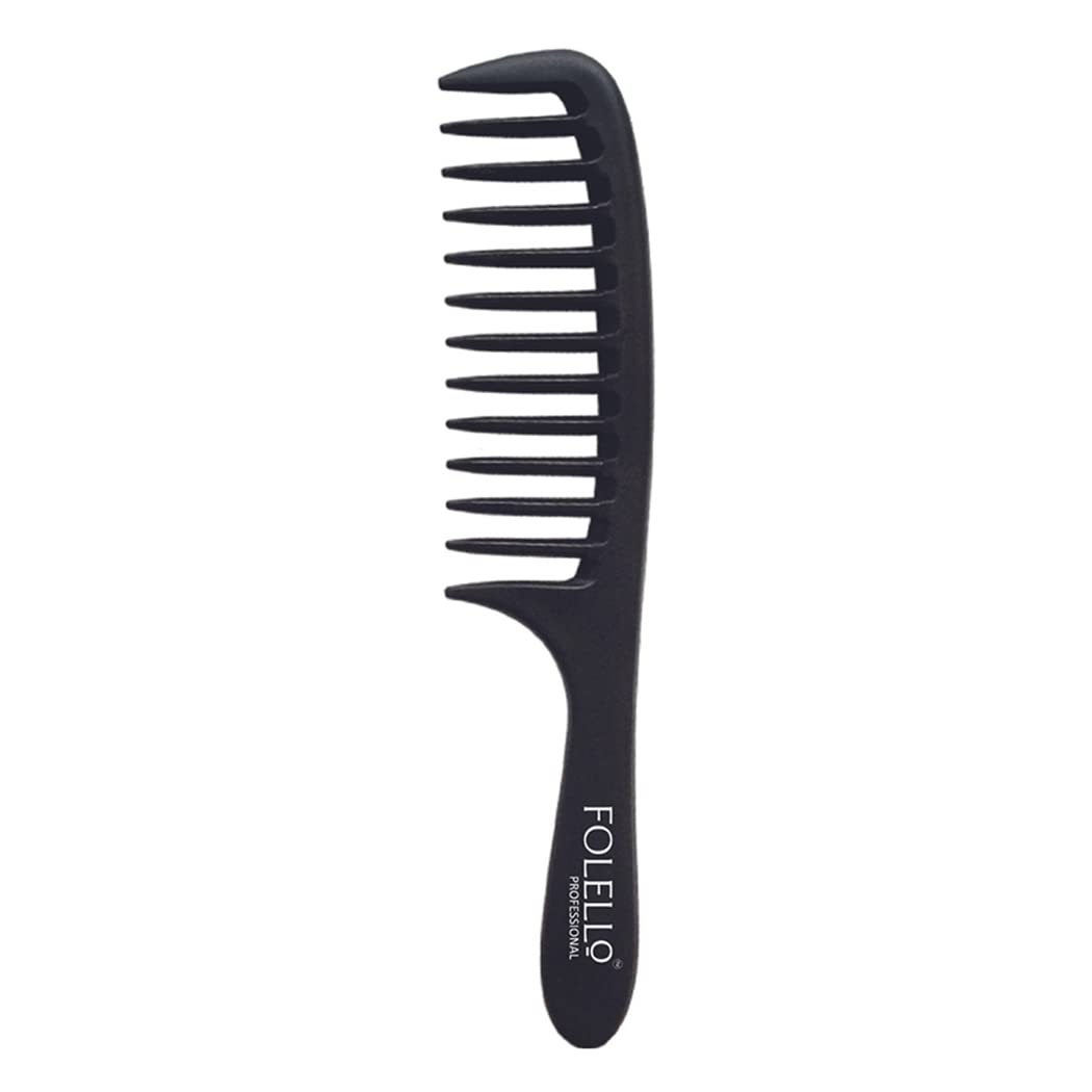 FOLELLO - Professional Carbon Fiber Comb with Handle - Ergonomic Grip - Chemical & Heat Resistant Sleek Round Tooth Black Salon Style Comb - 205x43x7mm