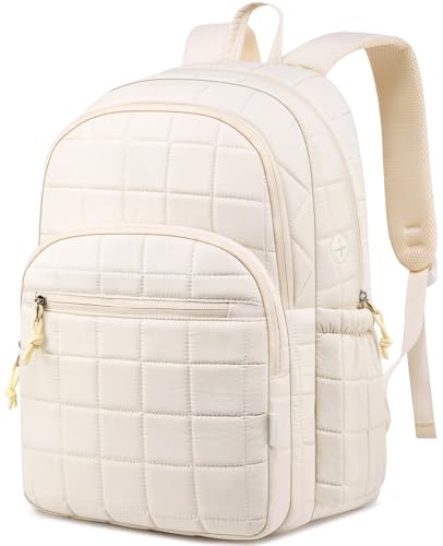Laptop Backpack for Women College Travel,Quilted Daypack Bookbag for School Teen Girls Mochilas Mujer,Beige