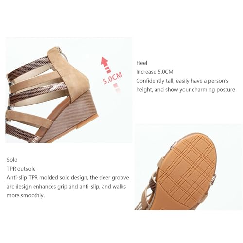 Dressy Summer Womens Sandals, Women's Back Zip Fish Mouth Breathable Heeled Open Toe Wedge Sandals, Fashion Outdoor Roman Platform Shoes Suitable, for All Kinds of Clothes Such as Jeans3
