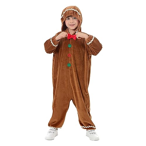 Funivals Gingerbread Man Costume Kids for Christmas, Halloween Brown Gingerbread Elves Hooded Onesie Jumpsuit Boys Girls （L）