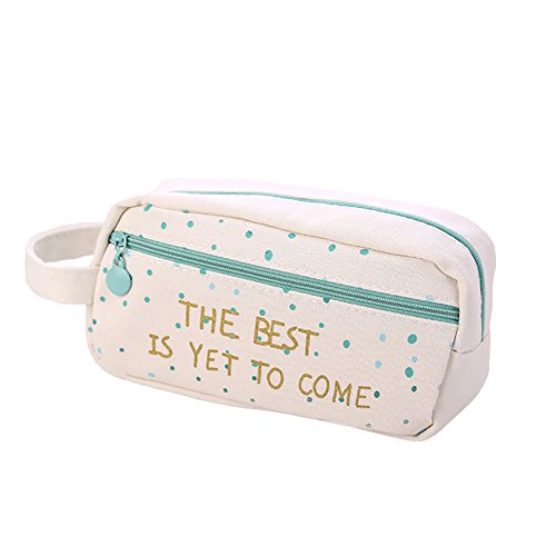 Preisvergleich Produktbild HugeDE Große Kapazität Grün Leinwand Federmäppchen Stiftemappe Mäppchen Stiftemäppchen Schüleretui Bleistifte Tasche Kleine Punkte