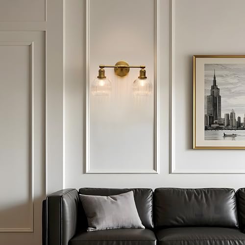 Image of Industrial Double Armed Glass Wall Sconce with Clear Striped Globe Shade, Indoor 2-Light Wall Vanity Light Fixture Hardwired for Bathroom Farmhouse Living Room Bedroom