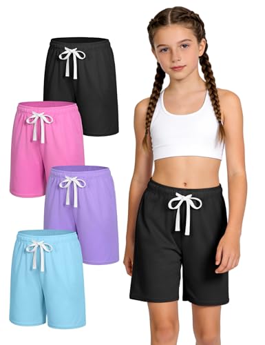 JOCMIC 4 Pack Girls Athletic Shorts Quick Dry for Running Basketball Soccer with Drawstring Pocket 11-12 Years Black Pink Purple Light Blue