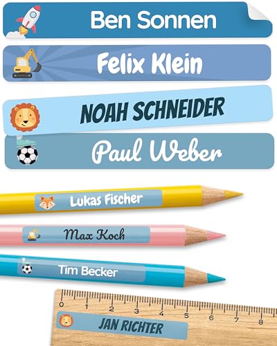 melu kids Namensaufkleber Kinder für Schule & Kita (75 Stück) - Personalisierte Aufkleber mit Namen für Stifte und alle Schulsachen - Wasserfest in Spülmaschine (Himmelblau)