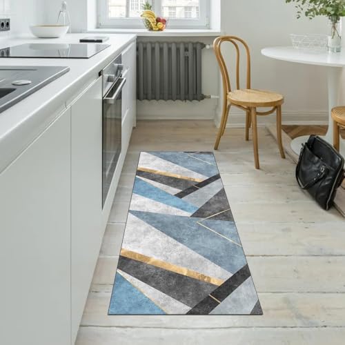 Alfombra de pasillo patchwork gris y azul, poliéster lavable de 80 x 160 cm 5