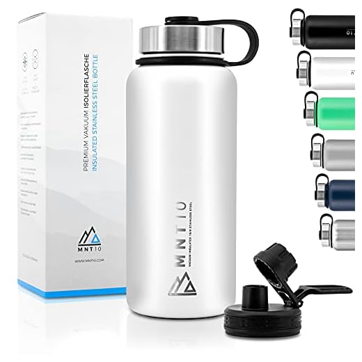 MNT10 Botella de acero inoxidable para agua 500 ml y 1000 ml | Botella térmica para fitness, escuela y oficina | Botellas de agua acero inoxidable | + Tapa deportiva gratuita | Blanco 1000ml