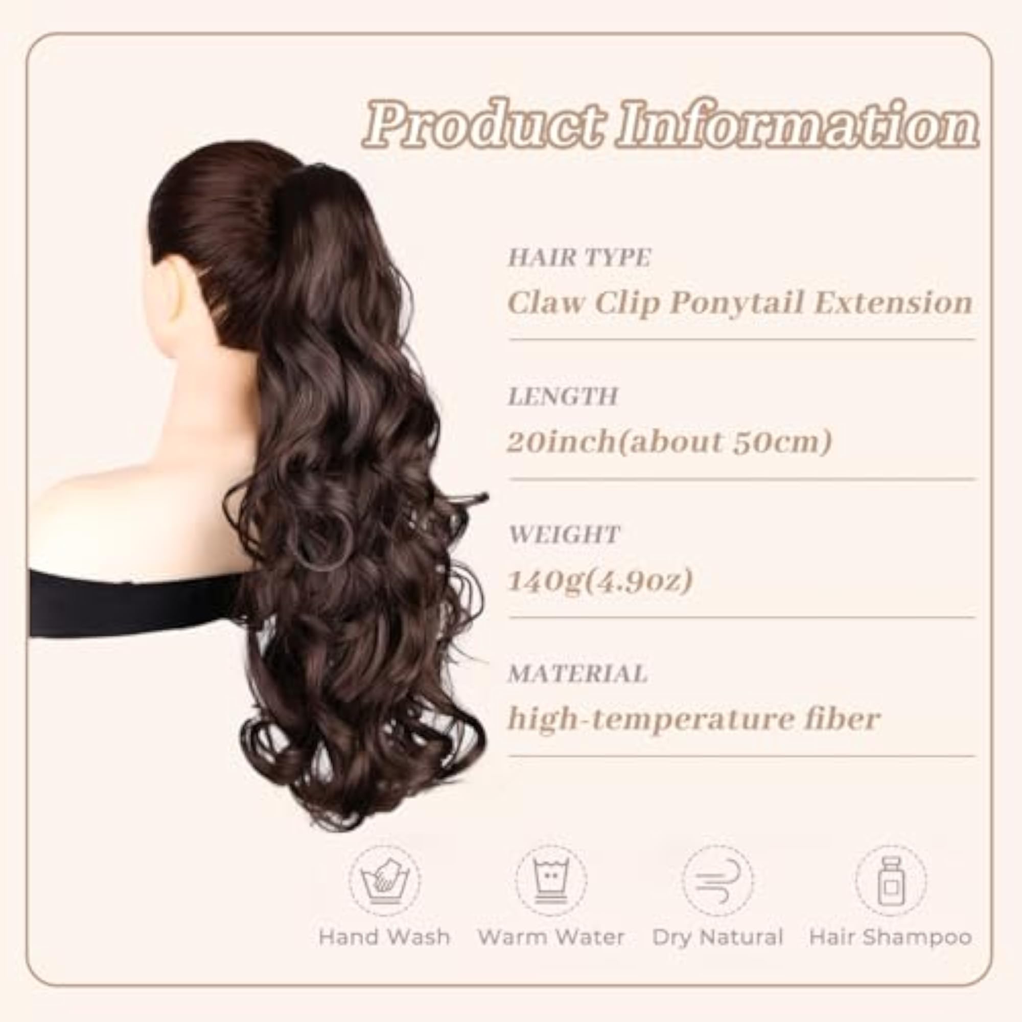Women's 22 Inch Brown Wavy Ponytail Extension, Claw Clip