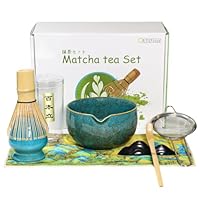 Qxeutm Matcha Set 7-teiliges Premium Matcha Tea Set mit Matcha Schale mit Ausgießer & Bambus-Chasen (100+ spitzen), Halter, Löffel, Sieb, Sacktuch, Komplettes ceremonial Matcha Starter Set (Blau)