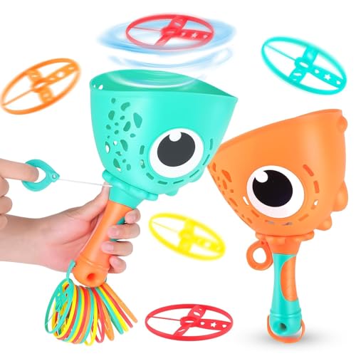 Muyohix Outdoor Spielzeug Kinder Ab 3-10 Jahre, 2 Packs Double Pull String Dinosaurier Propeller Spielzeug, 24 Discs Fliegende Untertasse Launcher Spiel-Zeug, Gartenspielzeug für Kinder ab 4-8 Jahre